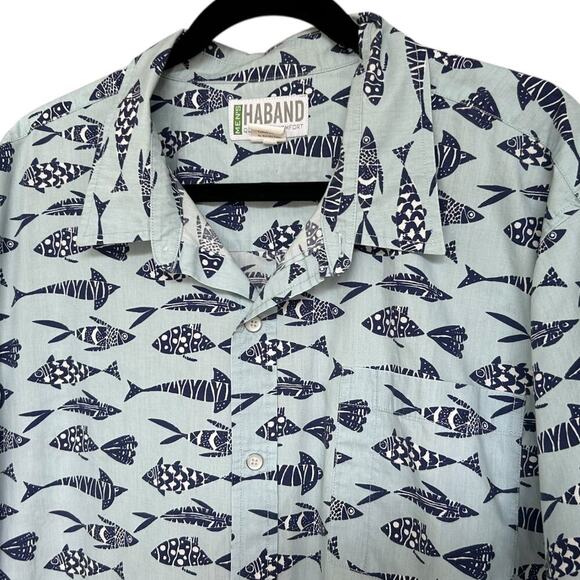 HABAND Men's Blue Fish Camp Shirt Size XL Snap Closure Cruise Vacation Resort - Picture 2 of 6